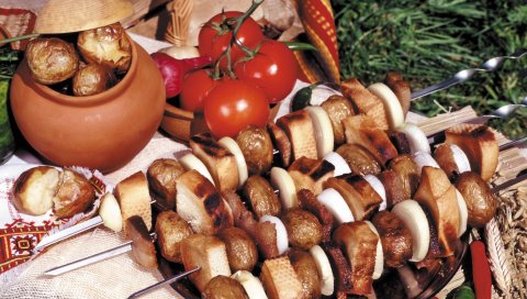 Шампуры, картофель, крекеры, тарелка, стол, помидоры, лук