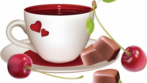 Чашка, пить, вишня, графика, белый фон, конфеты, сердца