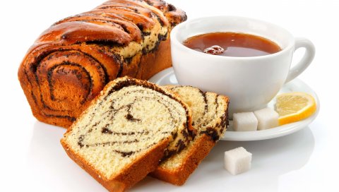 Чай, чашка, хлеб, мак, завтрак, сахар, лимон, белый фон