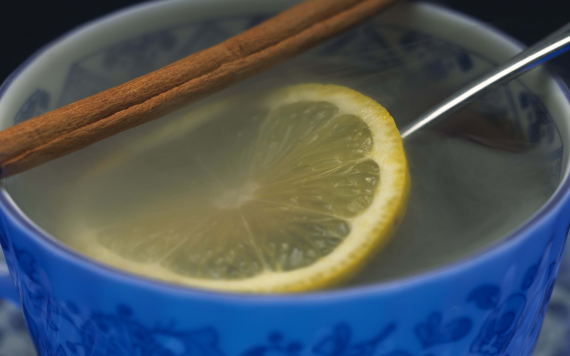 Картинки Чай, пар, лимон, корица, чашка, крупный план фото и обои на рабочий стол