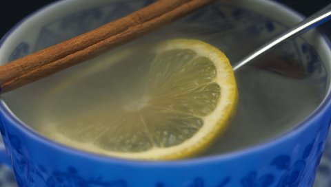 Чай, пар, лимон, корица, чашка, крупный план