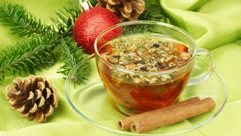 Чай, корица, чашка, конус, ветка, пихта, шар, рождество, новый год