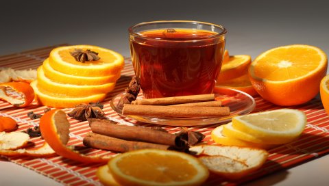 Чай, корица, лимон, салфетка