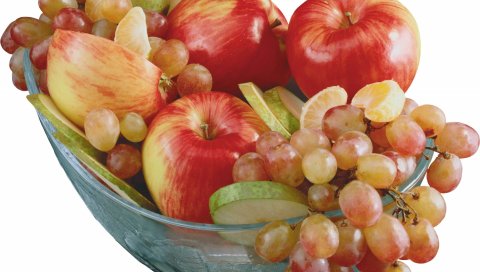 Фрукты, миска, яблоки, виноград, на белом фоне, груши