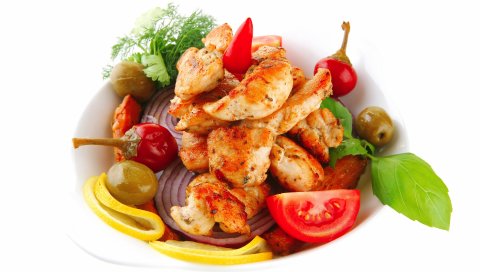 Плита, фрукты, мясо, овощи, на белом фоне