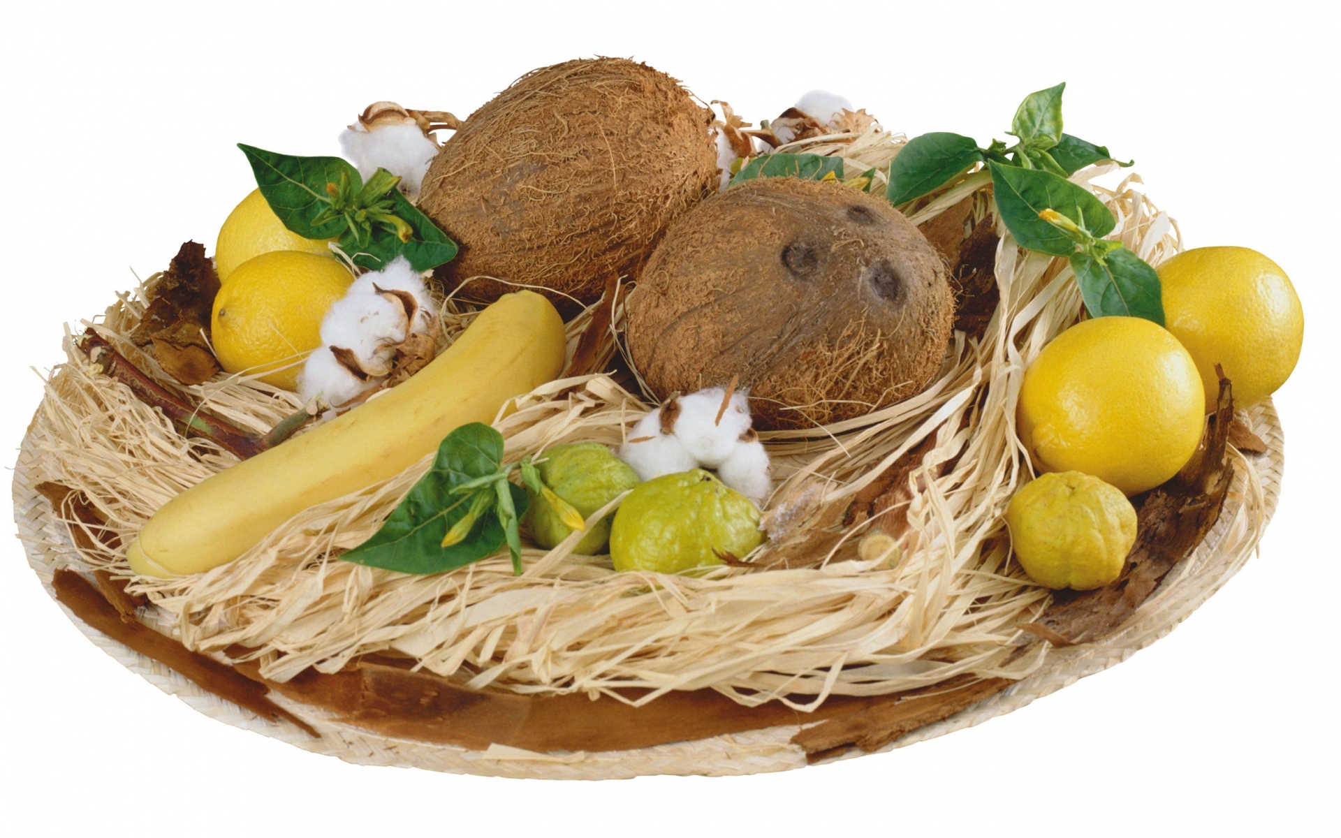Картинки Плита, фрукты, лимоны, бананы, кокосы, на белом фоне, листья, солома фото и обои на рабочий стол