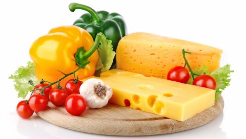 Сыры, овощи, перец, тарелка, белый фон, помидоры