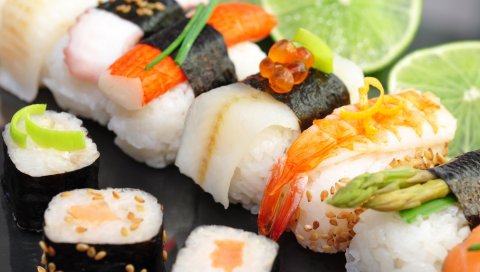 Суши, рулоны, тмин, известь, красная икра, крабовая палочка, морепродукты