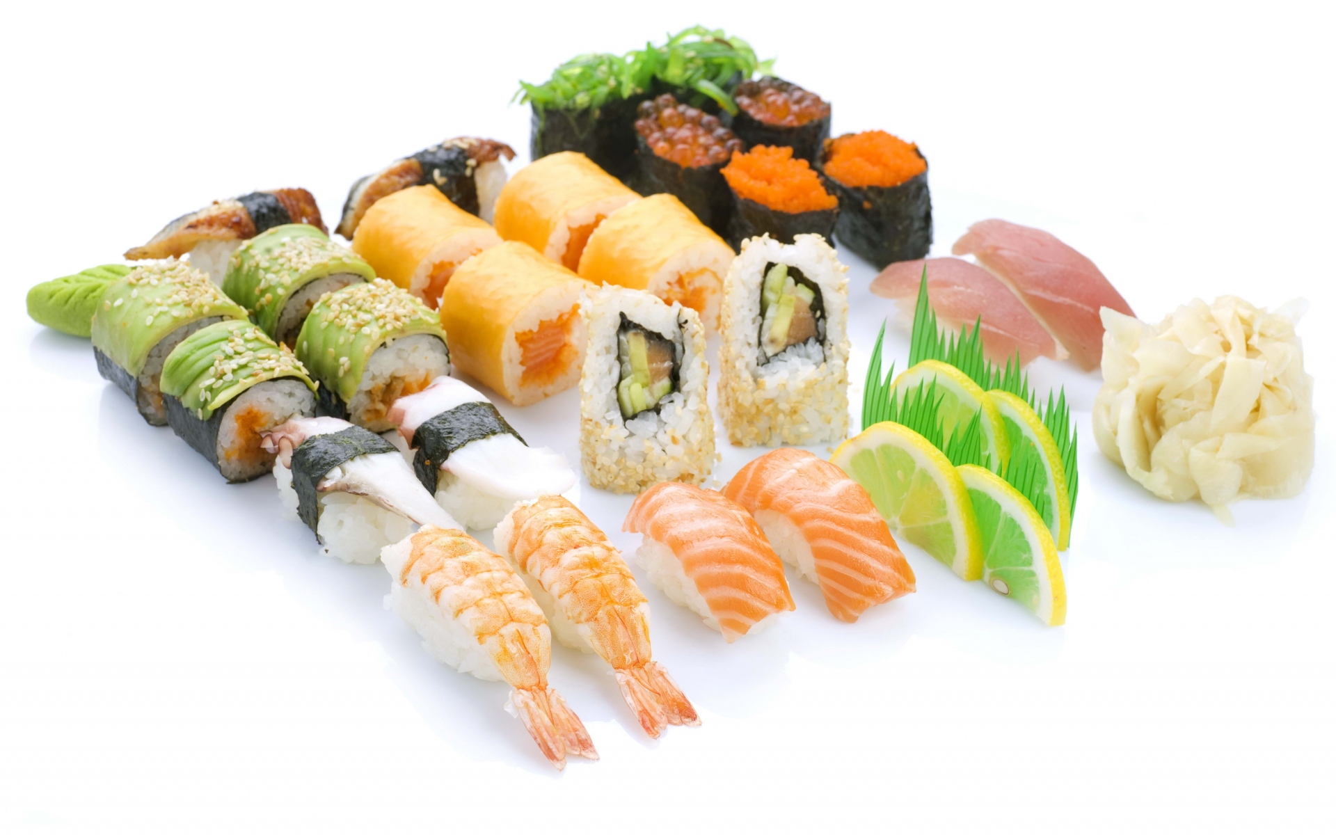 Картинки Суши, икры, морепродукты, рис, белый фон фото и обои на рабочий стол