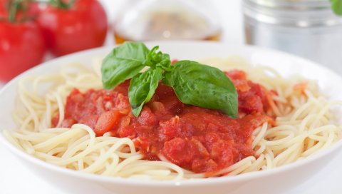 Спагетти, блюдо, соус, помидоры, зелень