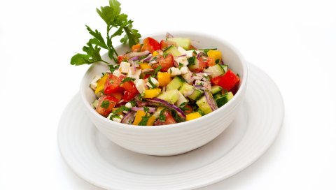 салат, овощи, тарелки, кубики, на белом фоне, петрушка