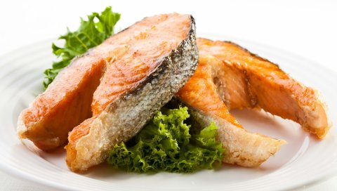 рыба, мясо, тарелка, зеленый, белый фон
