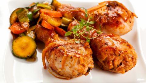 ножка, мясо, три, сковороды, овоще�