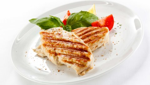 мясо, тарелка, листья, помидоры, кусочки