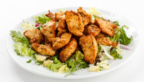 мясо, зелень, плита, белый фон