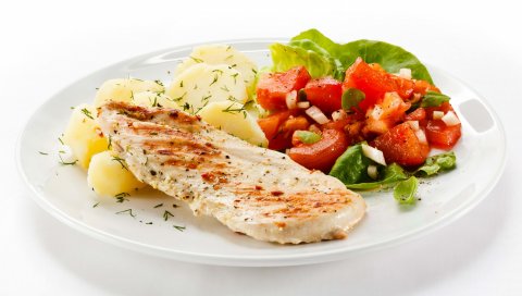мясо, картофель, помидоры, салат