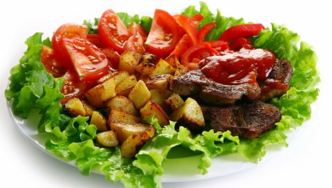 мясо, кетчуп, картофель, помидоры, салат, тарелка, капуста