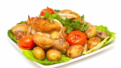 курица, картофель, овощи, помидоры, капуста, петрушка, белый фон