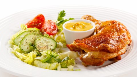 куриная ножка, салат, горчица, плита