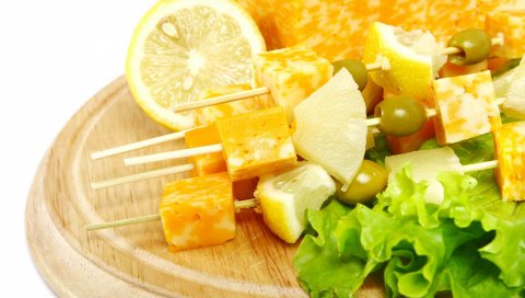кубиками, фрукты, доска, палки, лимон, капуста