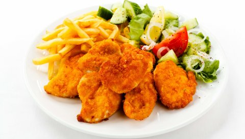 картофель, мясо, салат, котлеты
