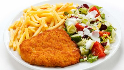картофель, курица,салат, майонез, плита, белый фон
