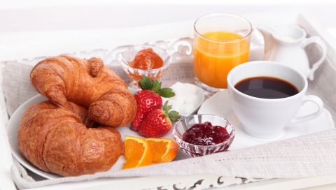джем, сок, круассаны, клубника, кофе, завтрак, бублики