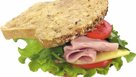 сэндвич, овощи, колбасы, на белом фоне