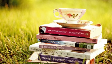книги, чашки, блюдца, трава