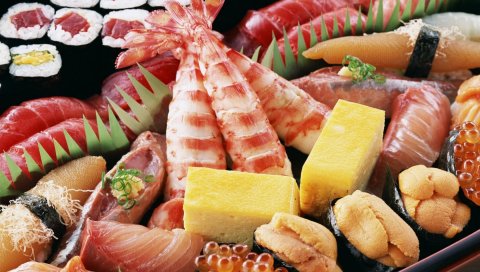 Еда, японская еда, морепродукты, креветки, рулеты, сыр, яйца