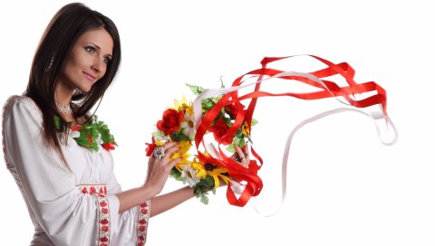 Украина, женщина, руки, корона, цветы, ленты, белый, блондинка, голубые глаза