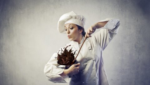 Повар, кастрюля, шоколад, смешение, приготовление пищи