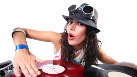 Девушка, dj, винил, белый, шляпа, очки