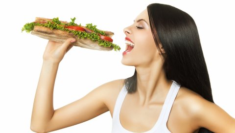Andwich, девушка, еда, коричневый, белый фон
