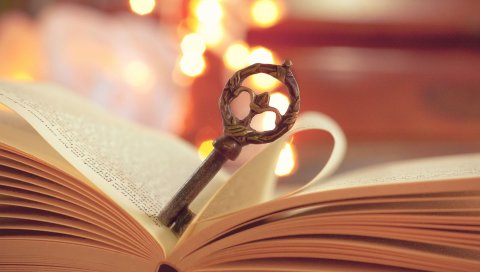 Книга, ключ, страница, макро, металл, огни