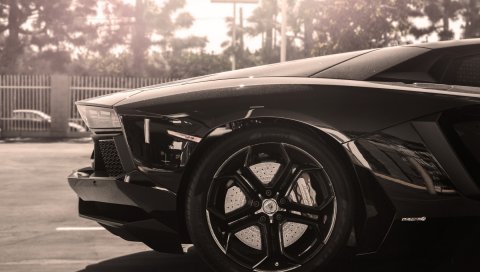 Lamborghini, aventador, черный, колесо, привод, солнце
