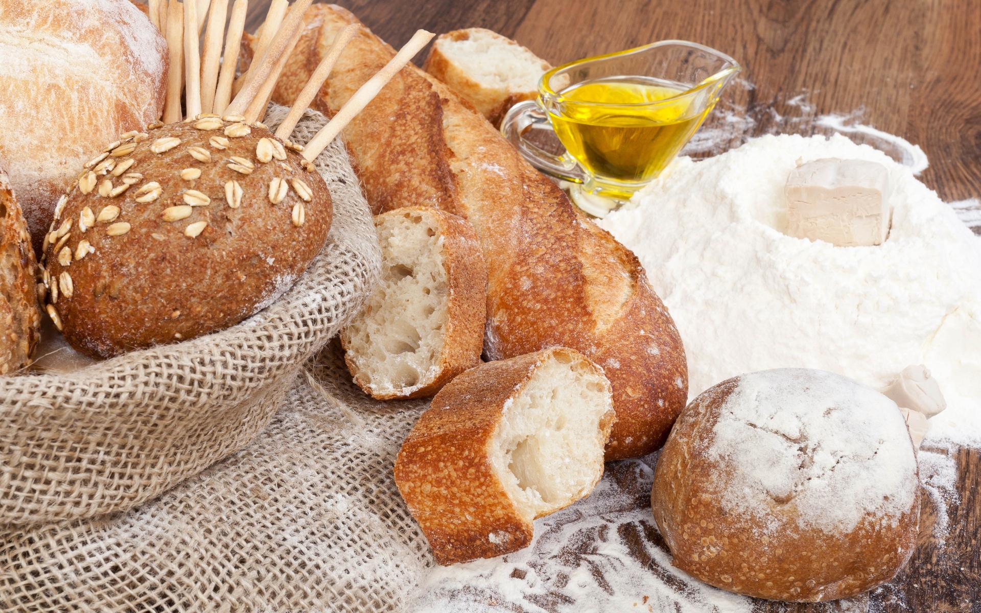 Картинки Хлеб, мука, стол, сумка фото и обои на рабочий стол