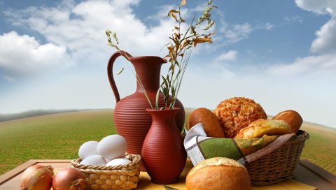 Хлеб, выпечка, корзина, яйца, лук, кувшин, ваза