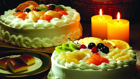 Торты, пар, фрукты, свечи, печенье, композиция