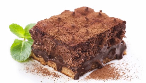 Торт, кусок, шоколад, крем, белый, листья, порошок