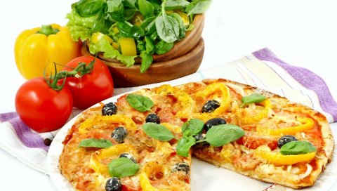Пицца, выпечка, овощи, белый, блюдо, зелень, помидоры