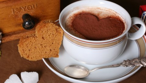 Кофе, капучино, шоколад, сахар, хлеб, сердца, подарок, ромашка