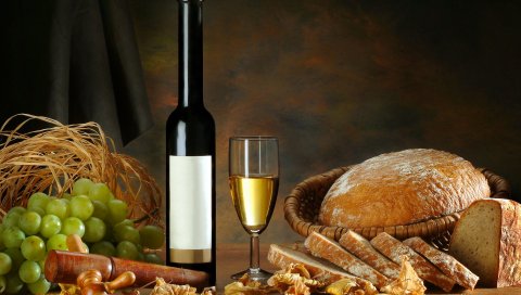 вино, белое, стекло, бутылки, хлеб, виноград, листья