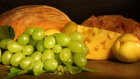 виноград, сыр, хлеб, груши, фрукты