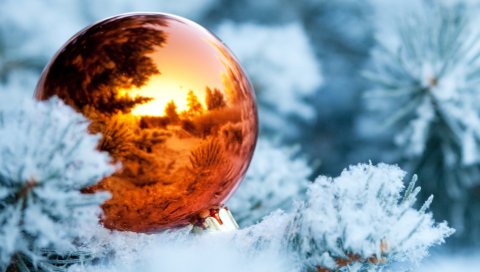 зима, ветки, снег, ель, дерево, мяч, рождество украшения, отражение, новый год