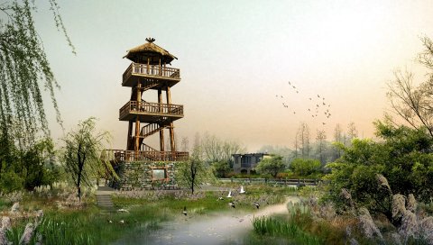 фотошоп, природа, башня, трава, небо, пейзаж