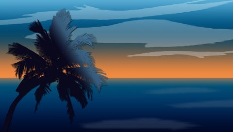 небо, море, горизонт, пальмовый, искусство