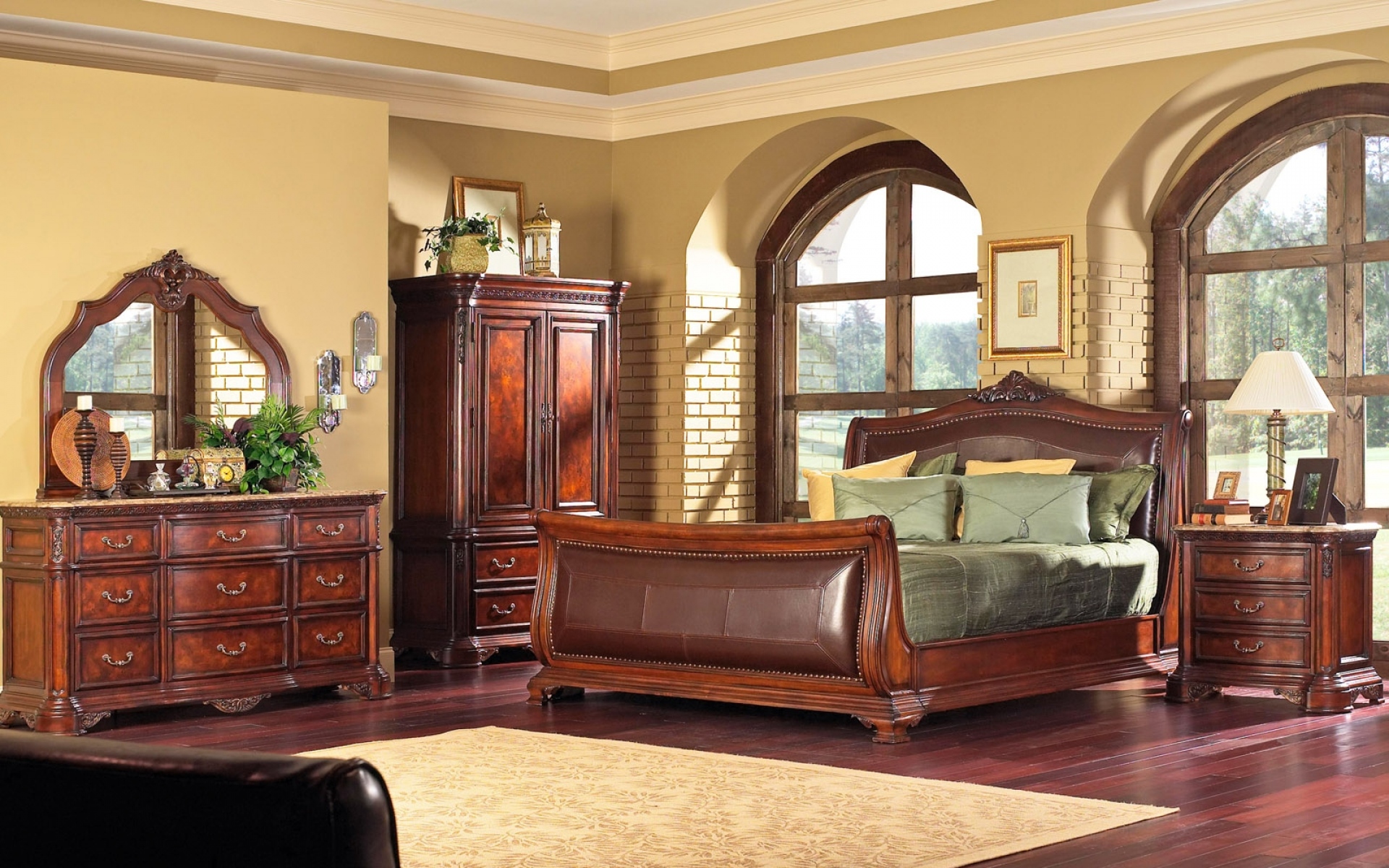 Wooden мебель. Спальня в старинном стиле. Красивая деревянная мебель в интерьере. Спальня из красного дерева. Комната с деревянной мебелью.