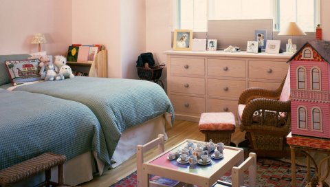 детский, игрушки, стол, кровать, интерьер