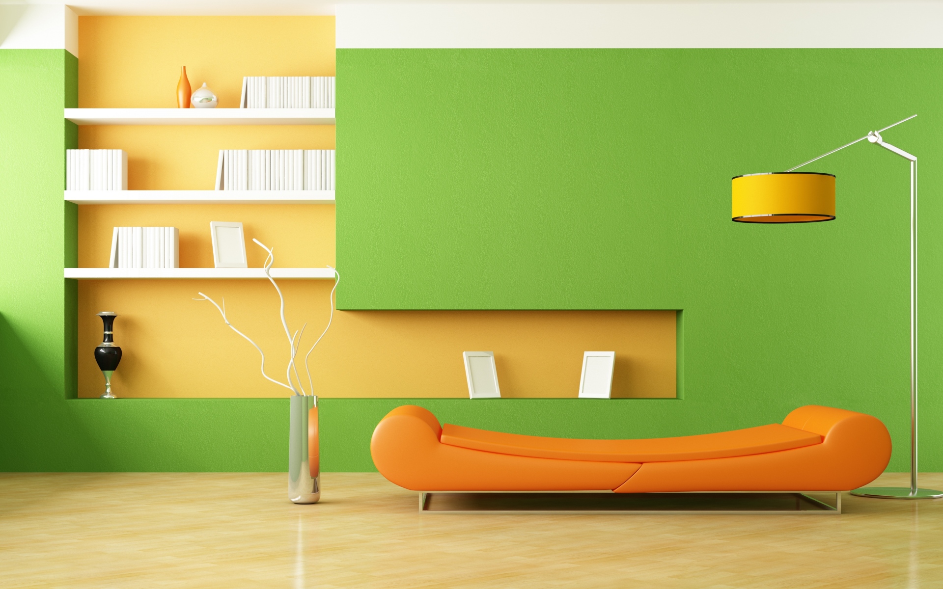 Картинки интерьер, дизайн, стиль, минимализм, комната, диван, оранжевая, лампа, ваза фото и обои на рабочий стол